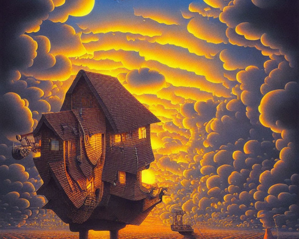 Whimsical crooked house on tree in surreal landscape