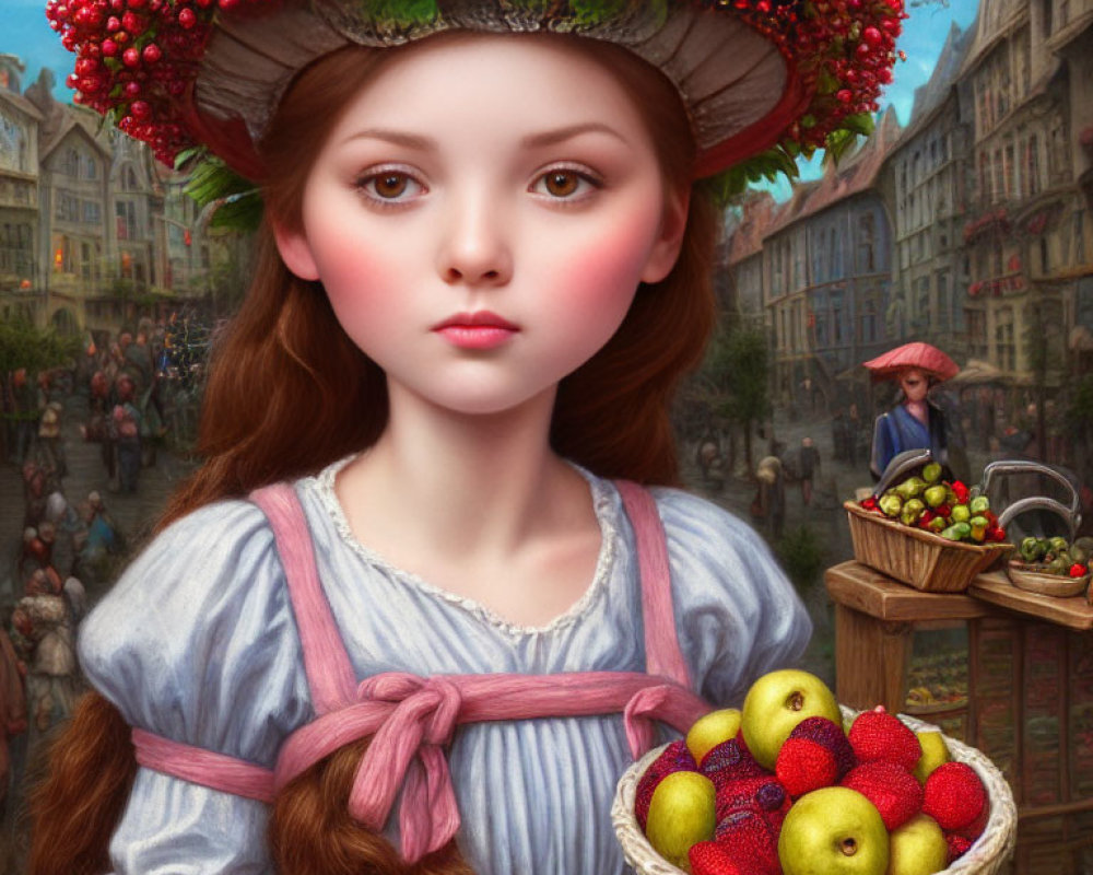 Medieval street scene painting featuring young girl with fruit hat.