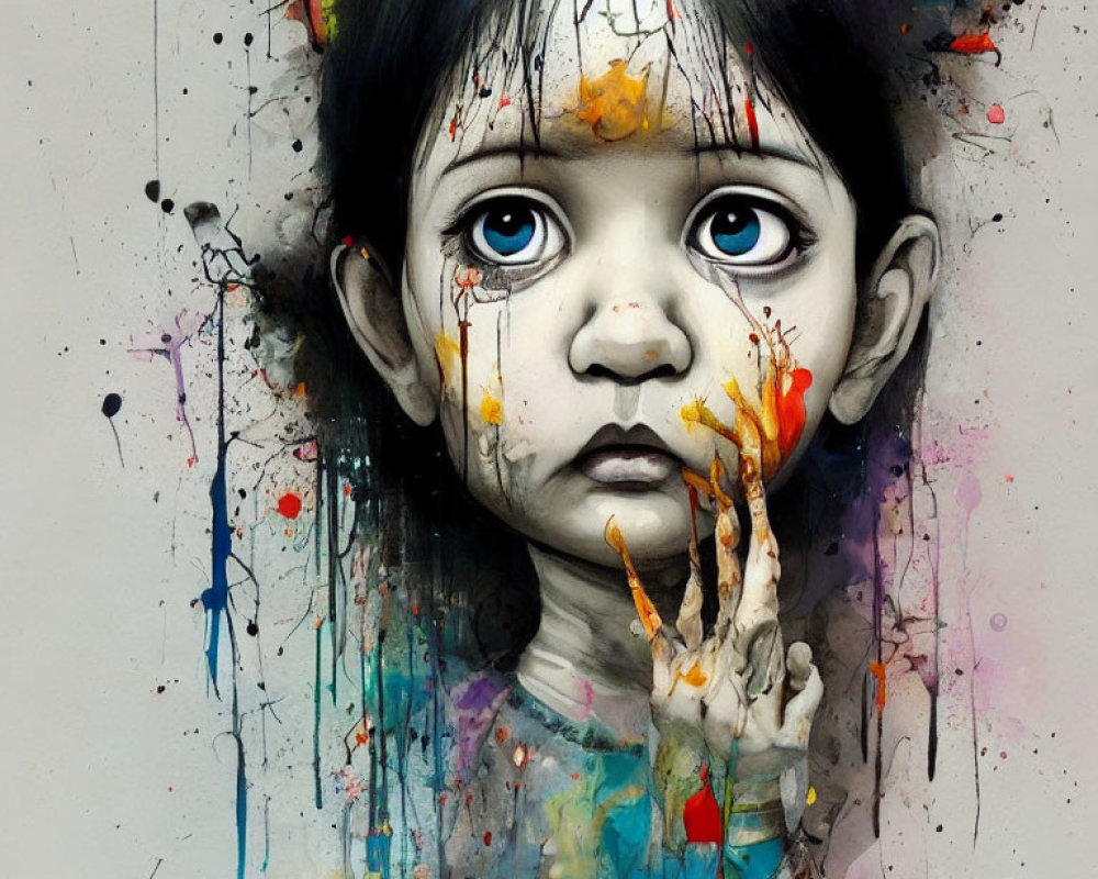 Colorful Paint Splatters Surrounding Child with Striking Blue Eyes