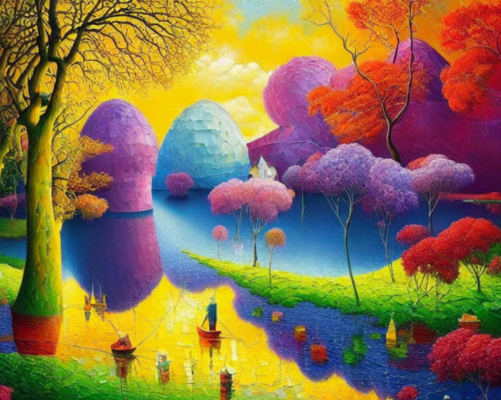 Colorful Fantastical Landscape with Trees, Eggs, River, Boats, and House