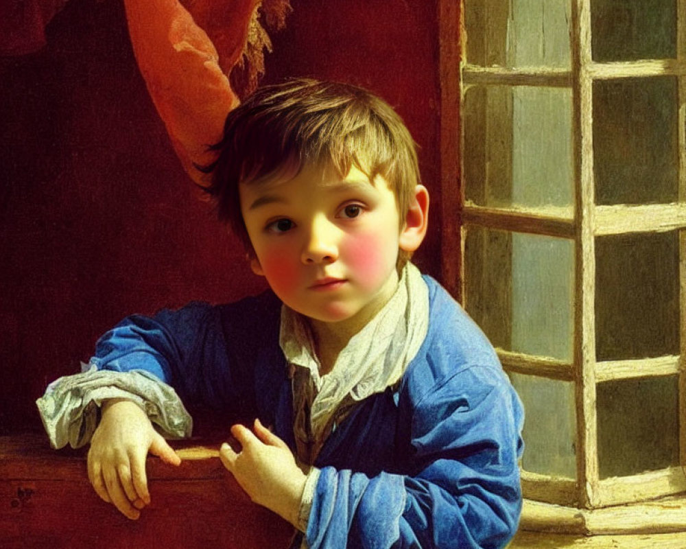 Young child with rosy cheeks gazes out window in classic interior setting