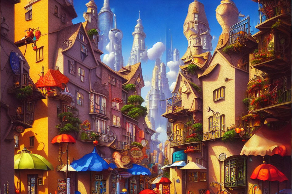 Vibrant streetscape with whimsical buildings and castle backdrop