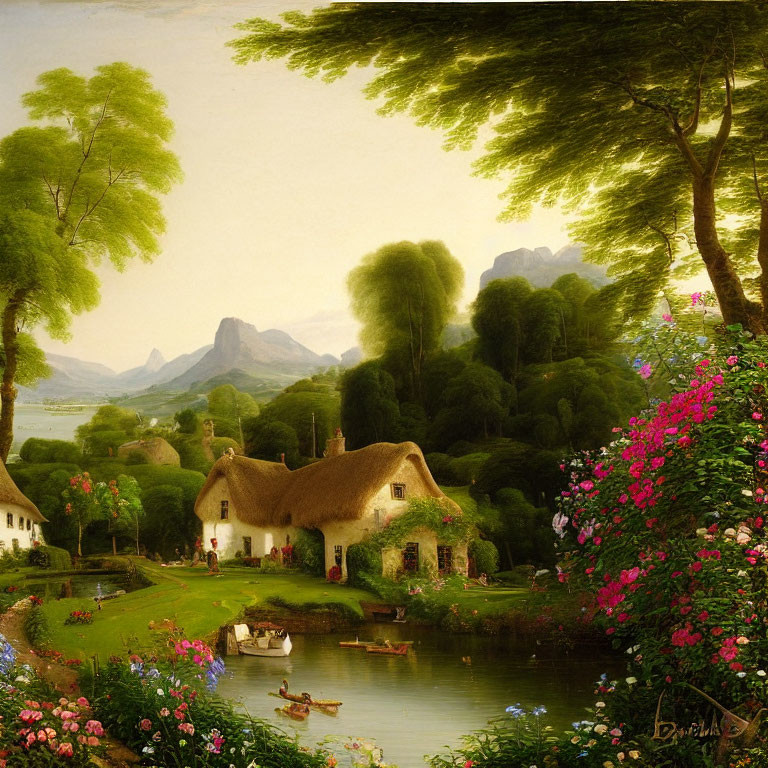 Tranquil landscape with cottage, pond, rowboat, and mountains