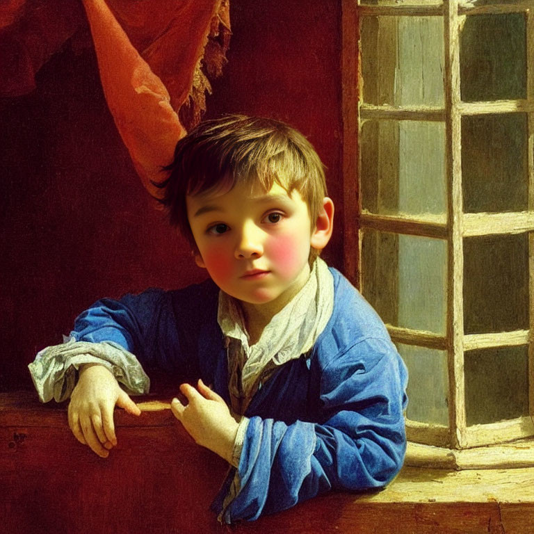 Young child with rosy cheeks gazes out window in classic interior setting