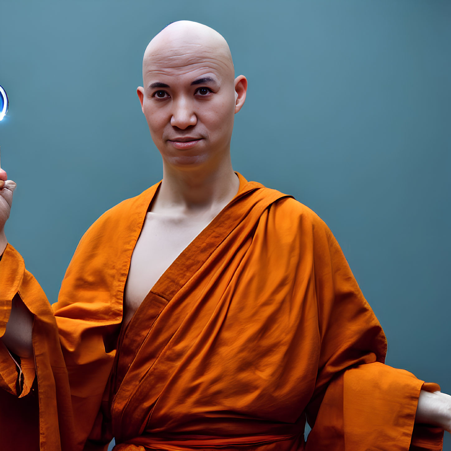 Buddhist monk in orange robe against teal background