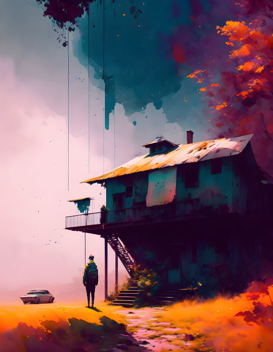 Colorful artwork: person, abandoned house, floating islands, vintage car