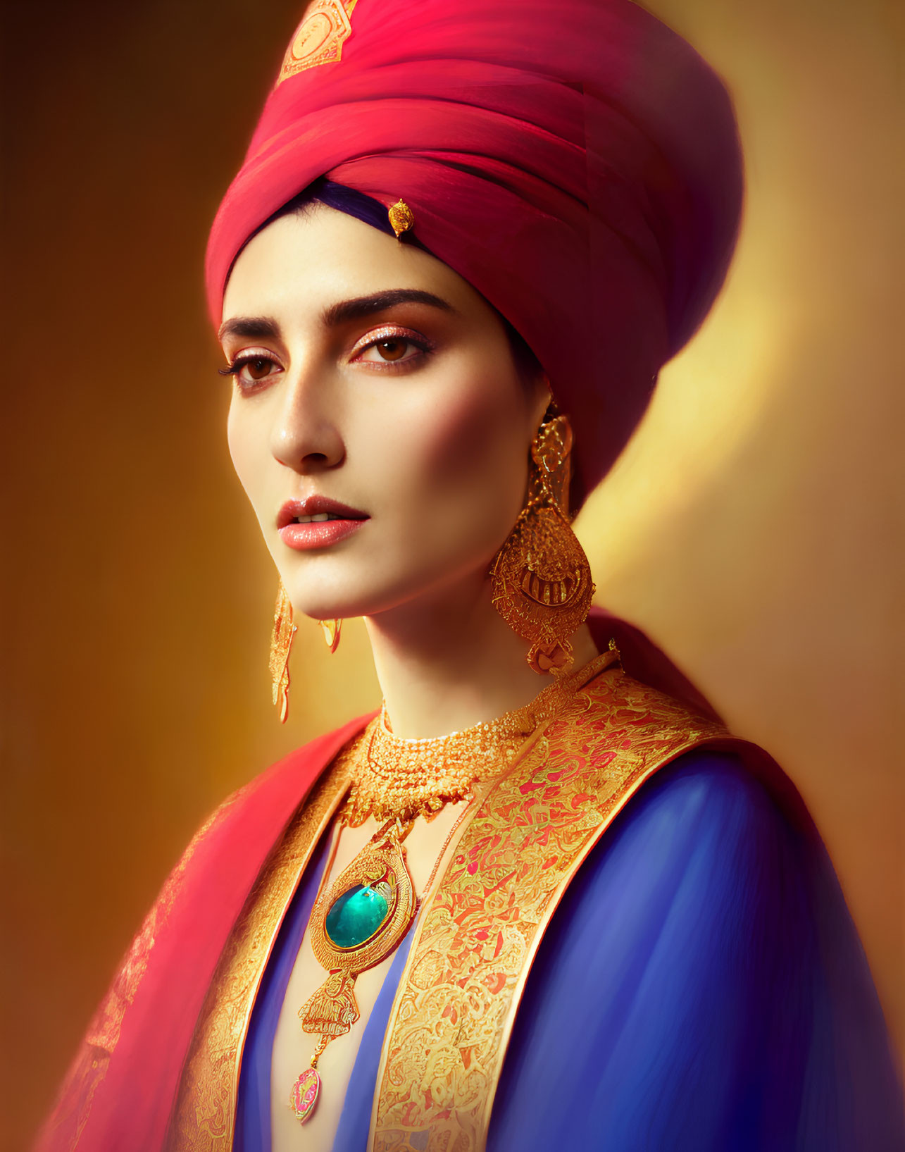 Portrait of a Woman in Red Turban and Traditional Outfit