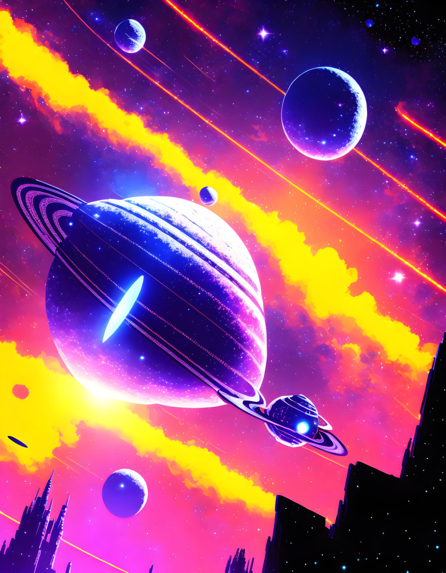 Space illustration: ringed planet, spaceship, celestial bodies in vibrant colors