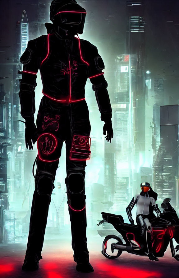 Futuristic black armor figure in neon-lit cityscape with motorcycle rider
