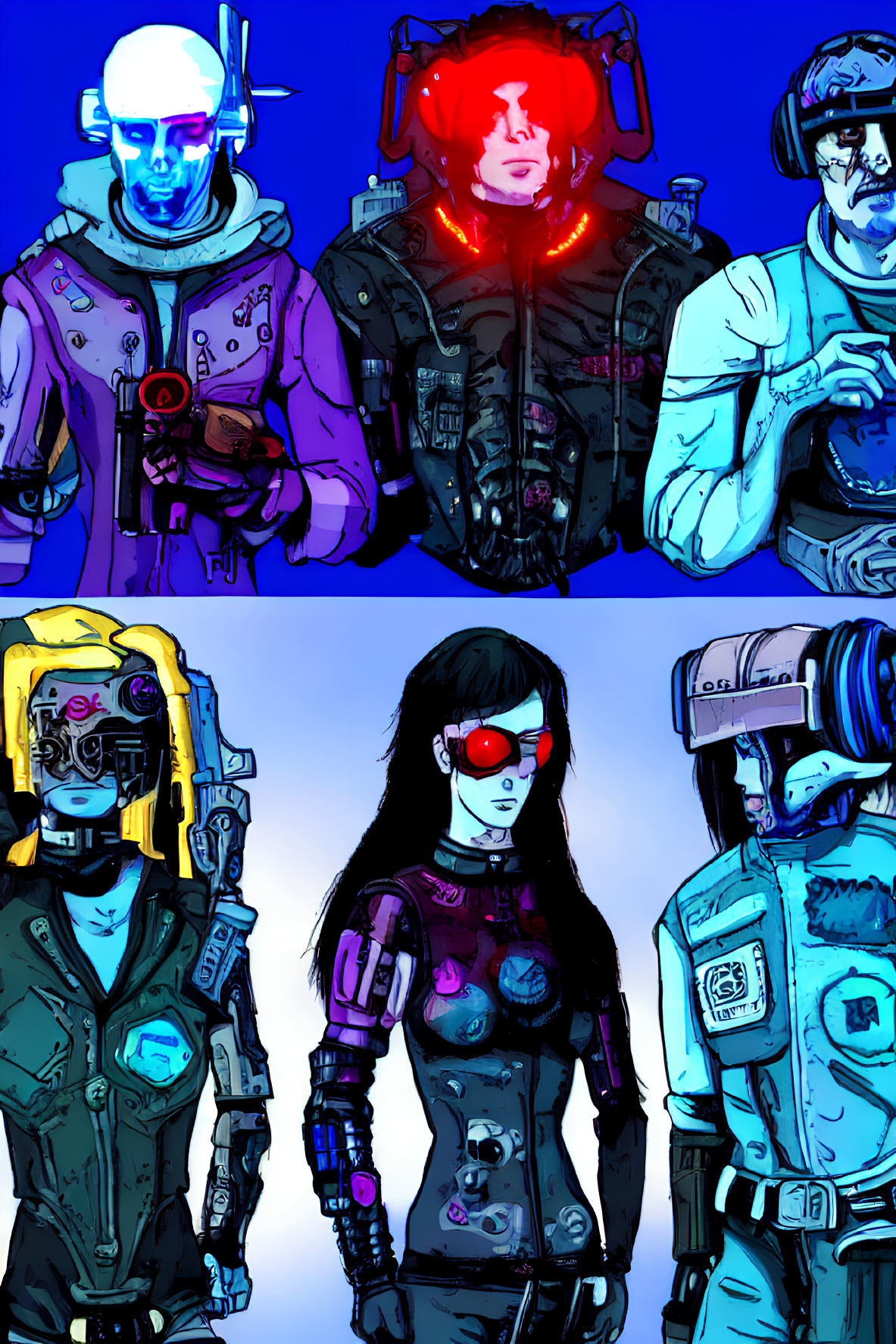 Futuristic stylized characters with cybernetic enhancements on blue backdrop