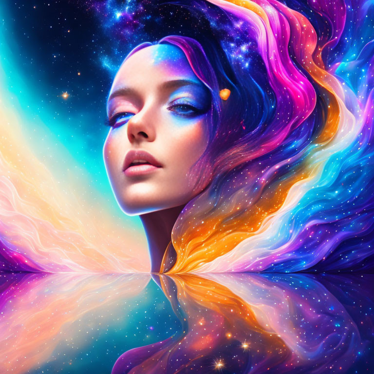 Surreal portrait of woman with hair blending into cosmic nebula
