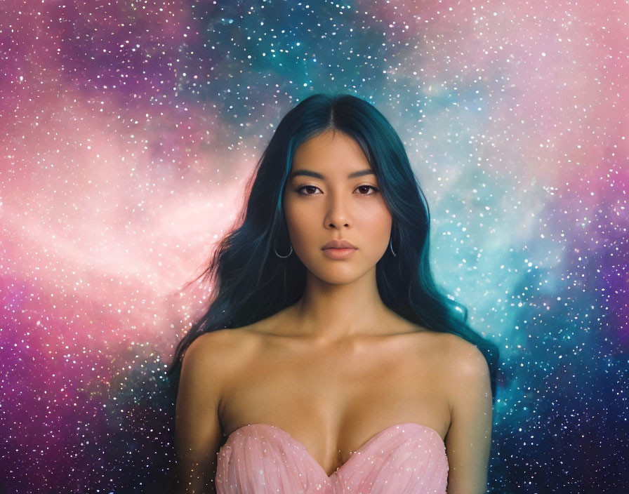 Woman with Long Dark Hair in Vibrant Pink and Blue Cosmic Nebulae
