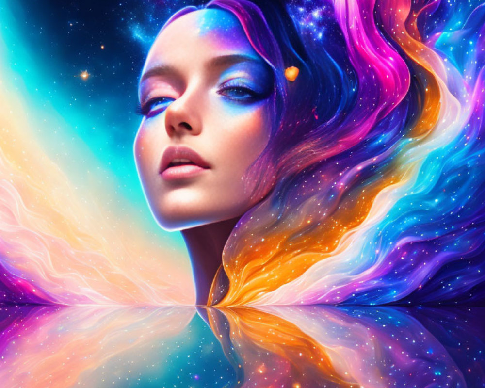 Surreal portrait of woman with hair blending into cosmic nebula