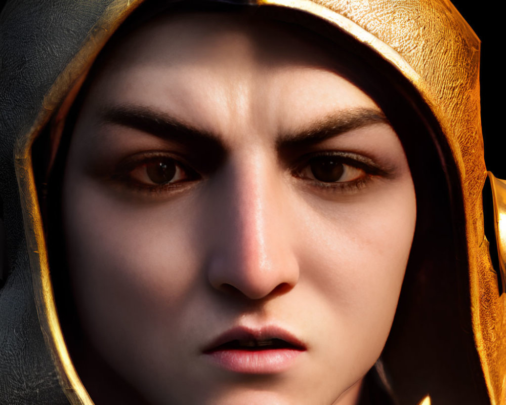 Detailed Close-Up of Person in Golden Helmet with Intense Expression