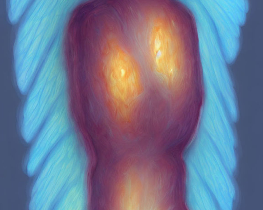 Ethereal creature with red skin, blue wings, and yellow eyes on blue background