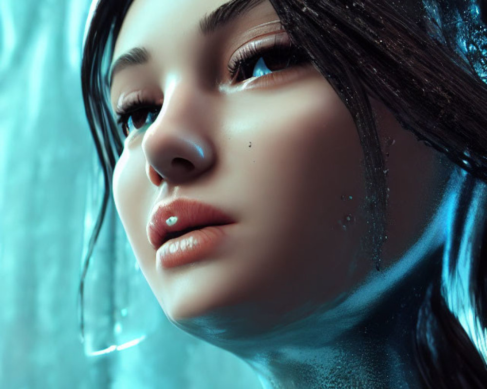 Close-Up 3D Rendered Female Figure with Blue Lighting and Water Droplets