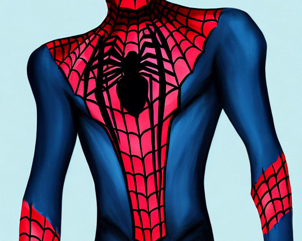 Person in Spider-Man Costume with Red and Blue Pattern on Light Blue Background