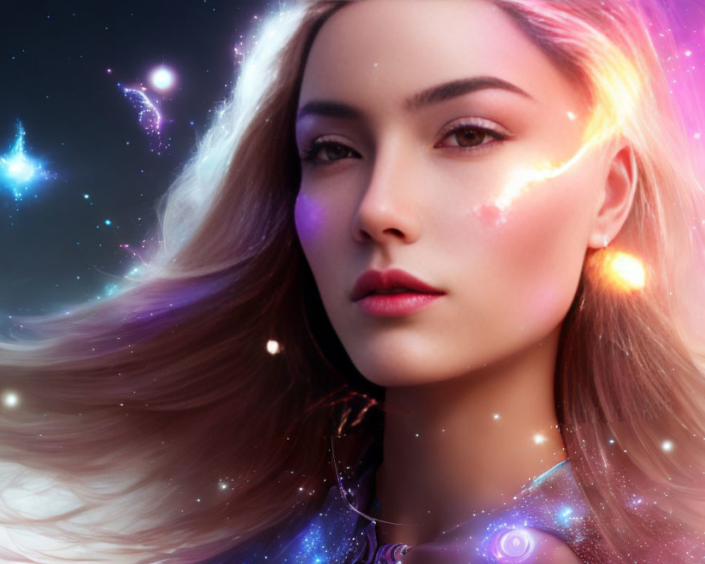 Digital artwork of woman with cosmic theme and flowing hair alongside vibrant galaxy with stars and nebulae