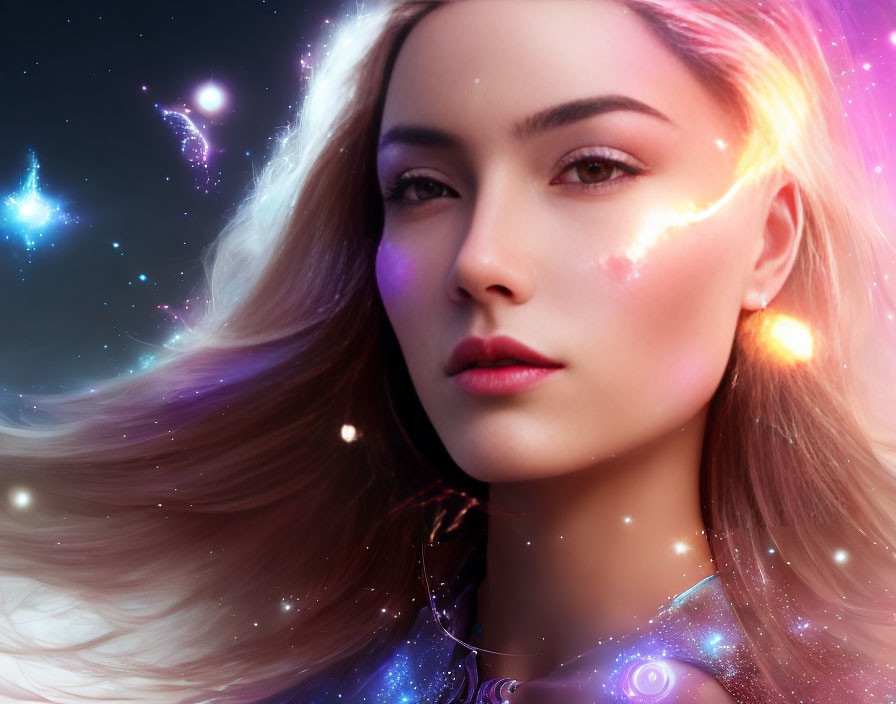 Digital artwork of woman with cosmic theme and flowing hair alongside vibrant galaxy with stars and nebulae