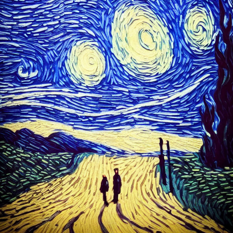 Swirling Blue and Yellow Starry Night Sky Landscape with Figures
