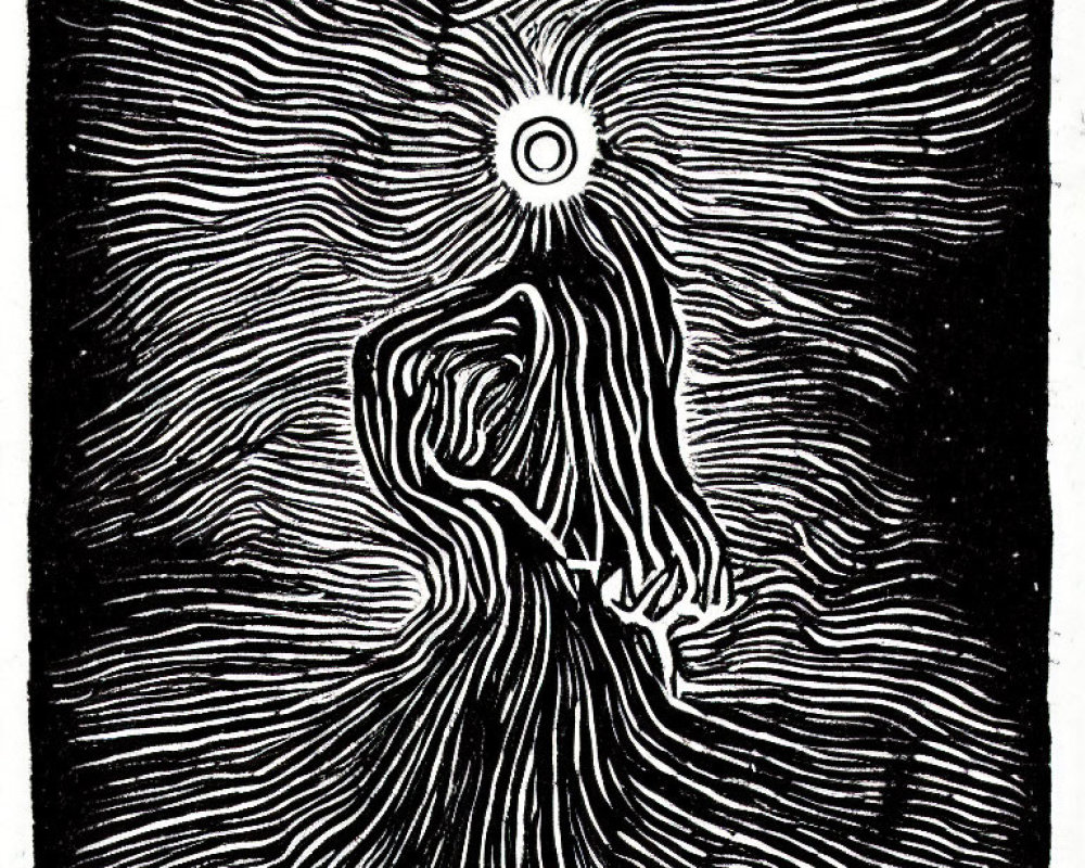 Monochrome illustration of person fused with swirling lines for hypnotic vibe