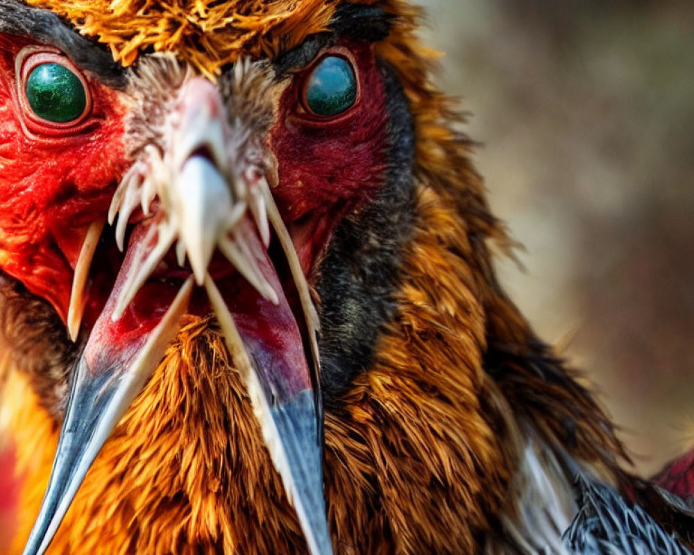 Detailed Close-Up of Wet Reddish-Brown Bird with Striking Red Eyes