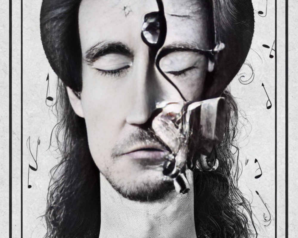 Composite image of man with glasses, fractured face, distorted against musical note background