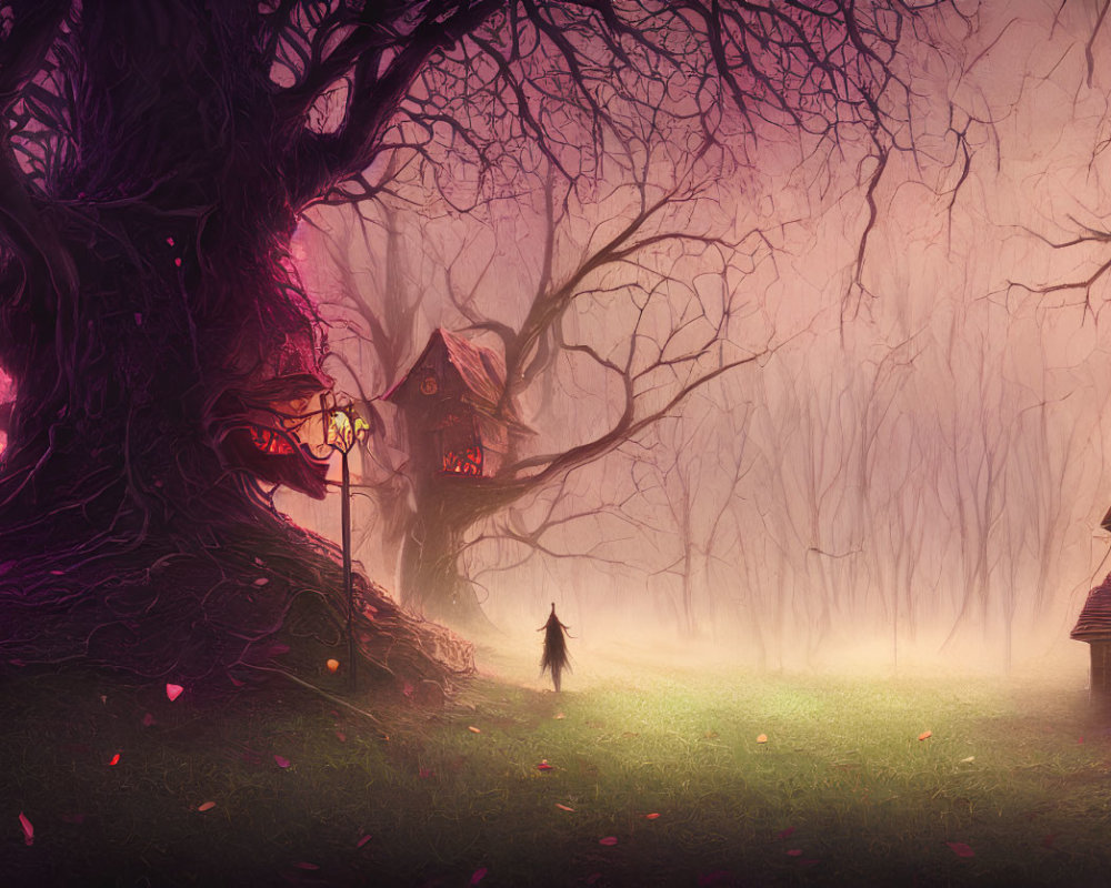 Enchanted forest scene with illuminated houses, cloaked figure, pink fog