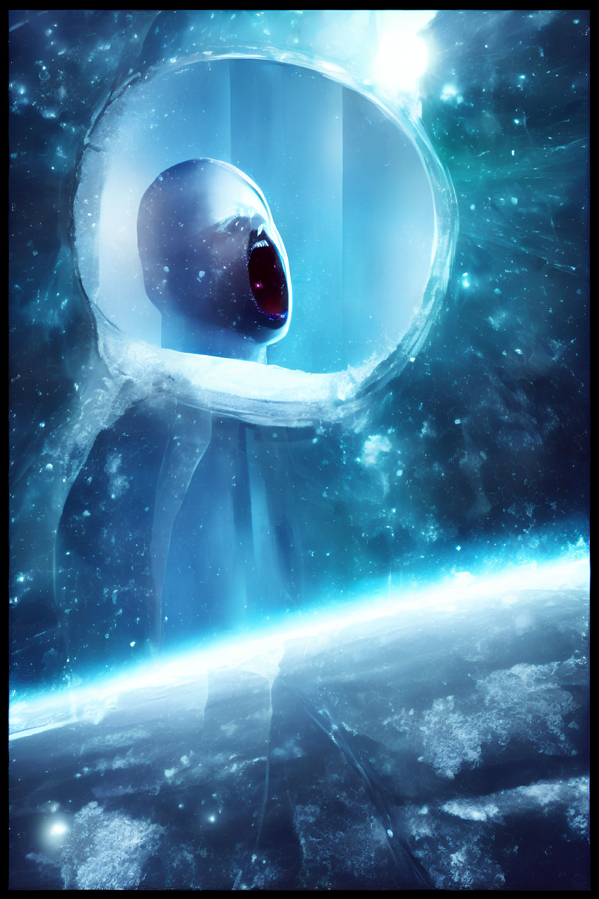 Surreal cosmic entity with glowing core and icy rings in starry expanse