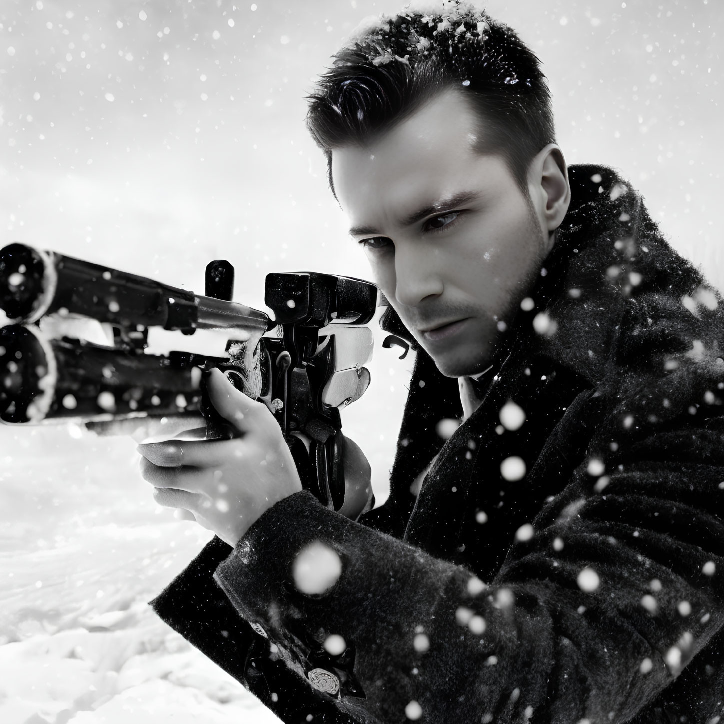 Man aiming rifle with scope in snowy wintry scene