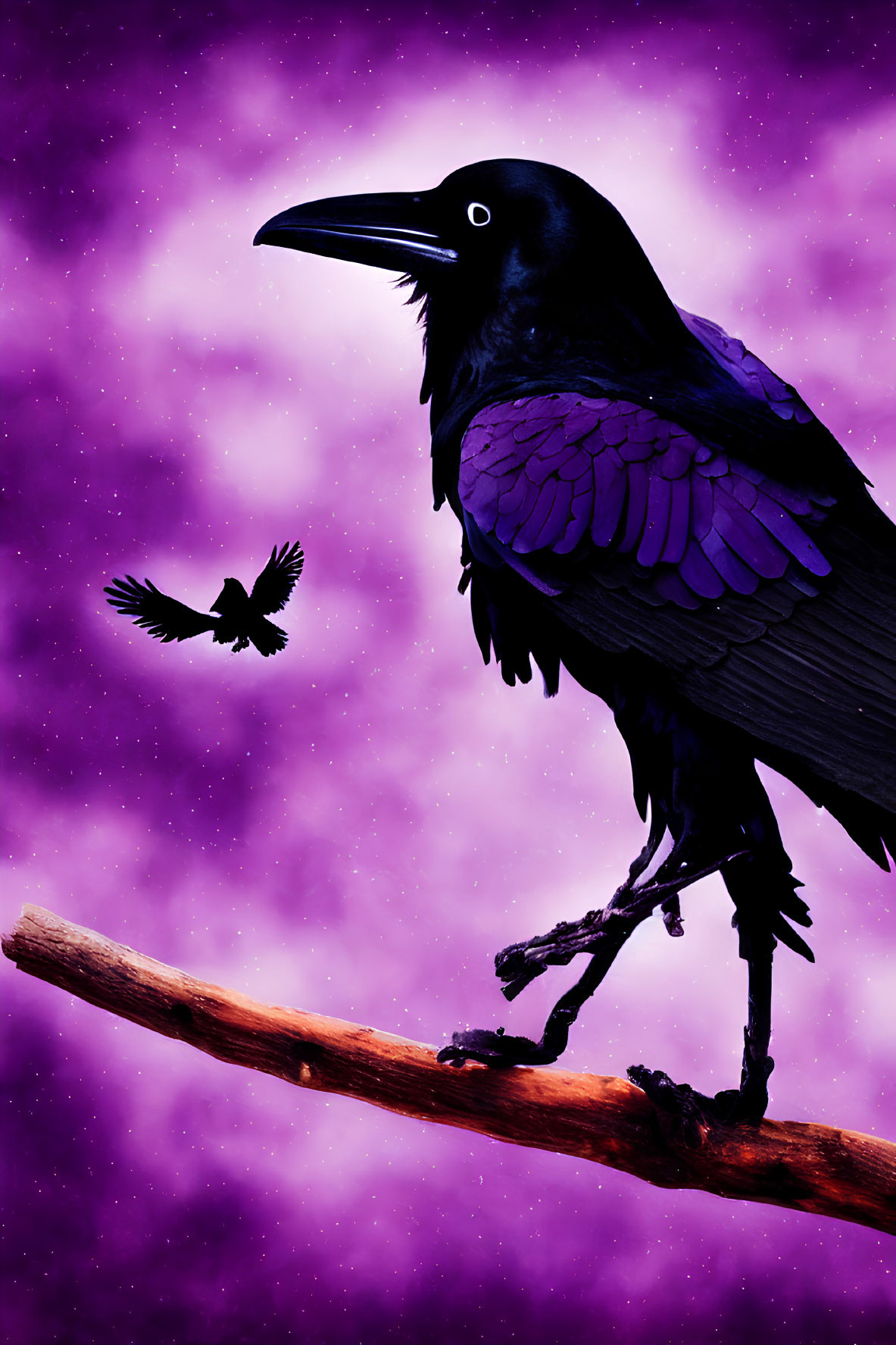 Silhouette of perched raven against purple starry sky with flying raven