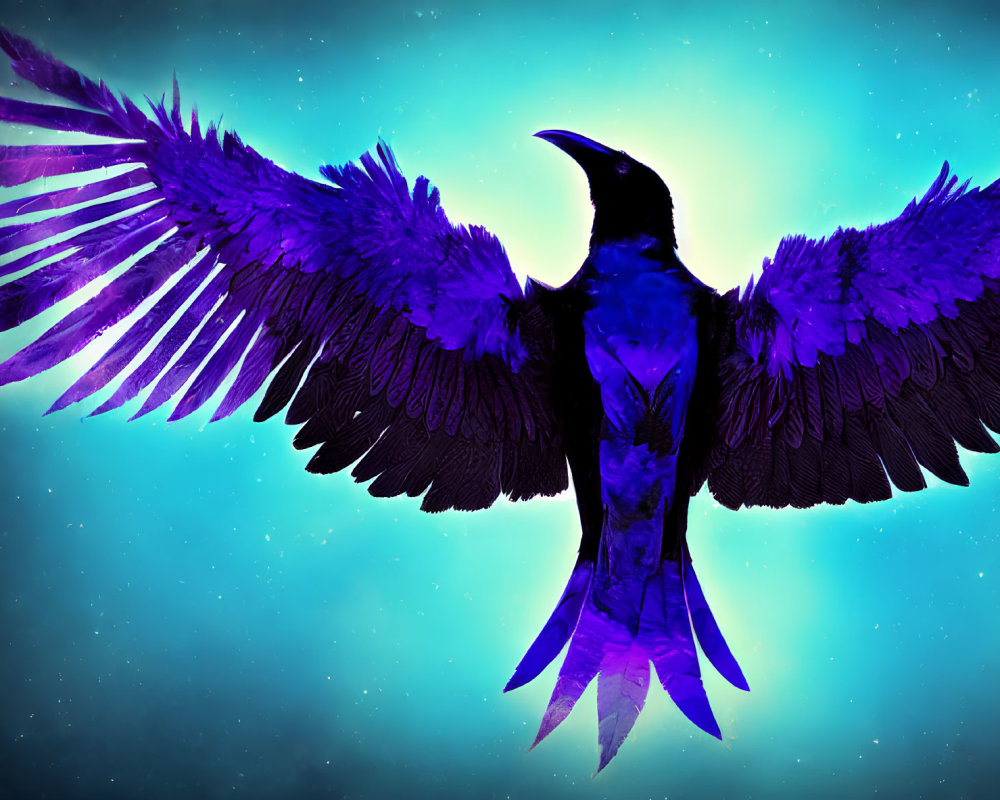 Majestic raven with vibrant purple feathers in starry night scene