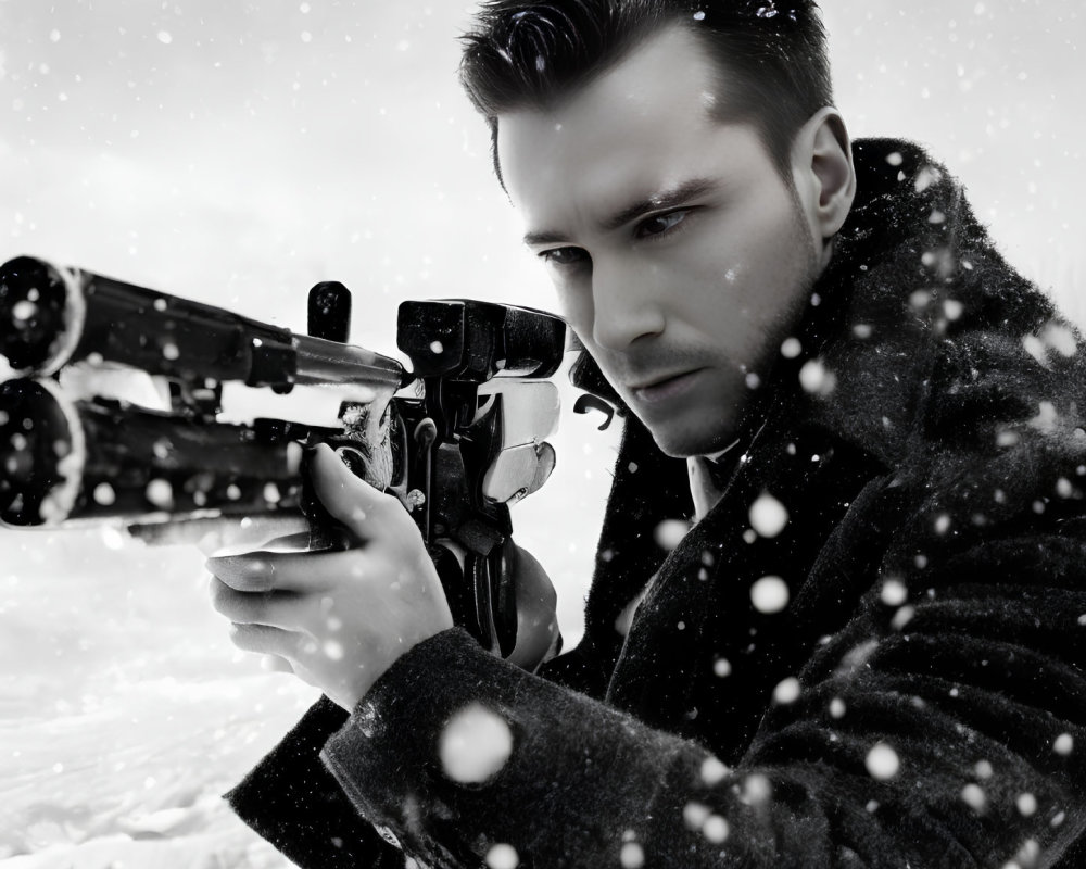 Man aiming rifle with scope in snowy wintry scene
