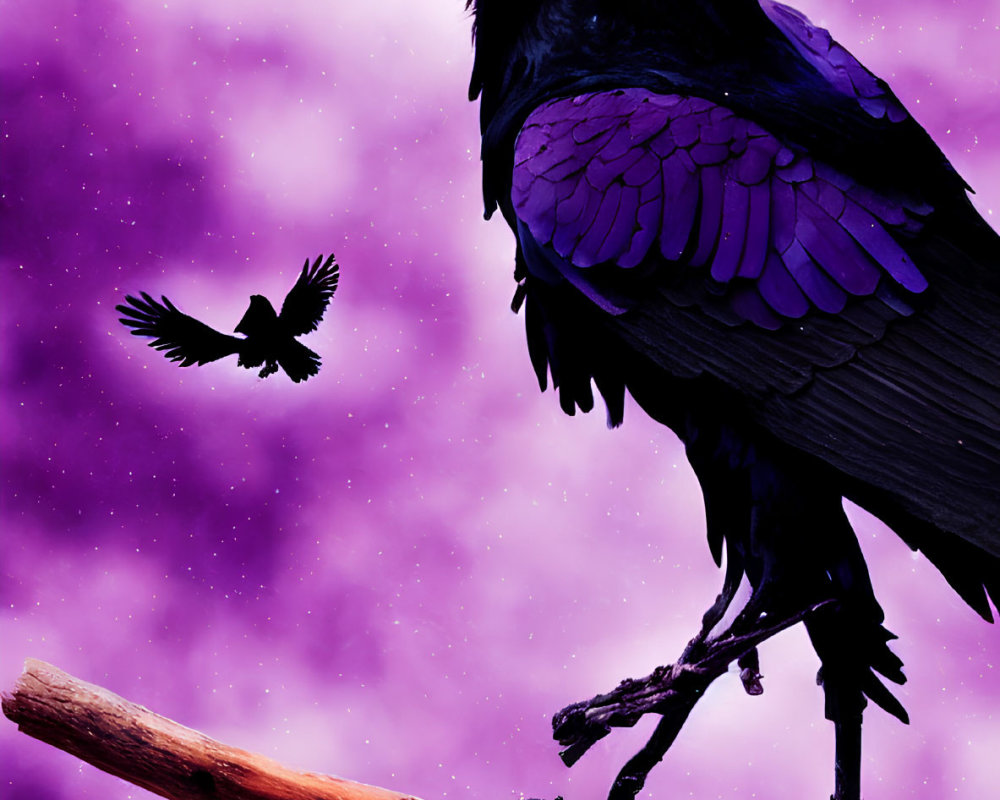 Silhouette of perched raven against purple starry sky with flying raven