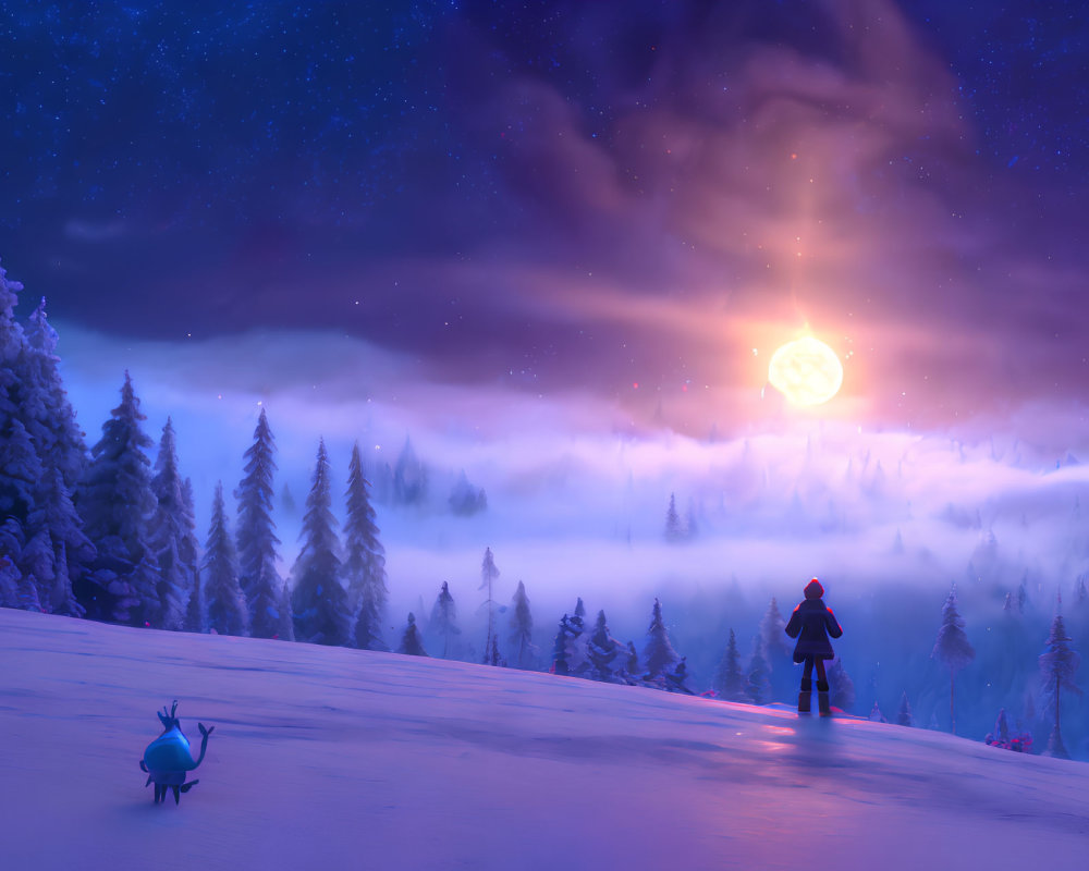 Person and creature on snowy hill under starry sky with celestial body