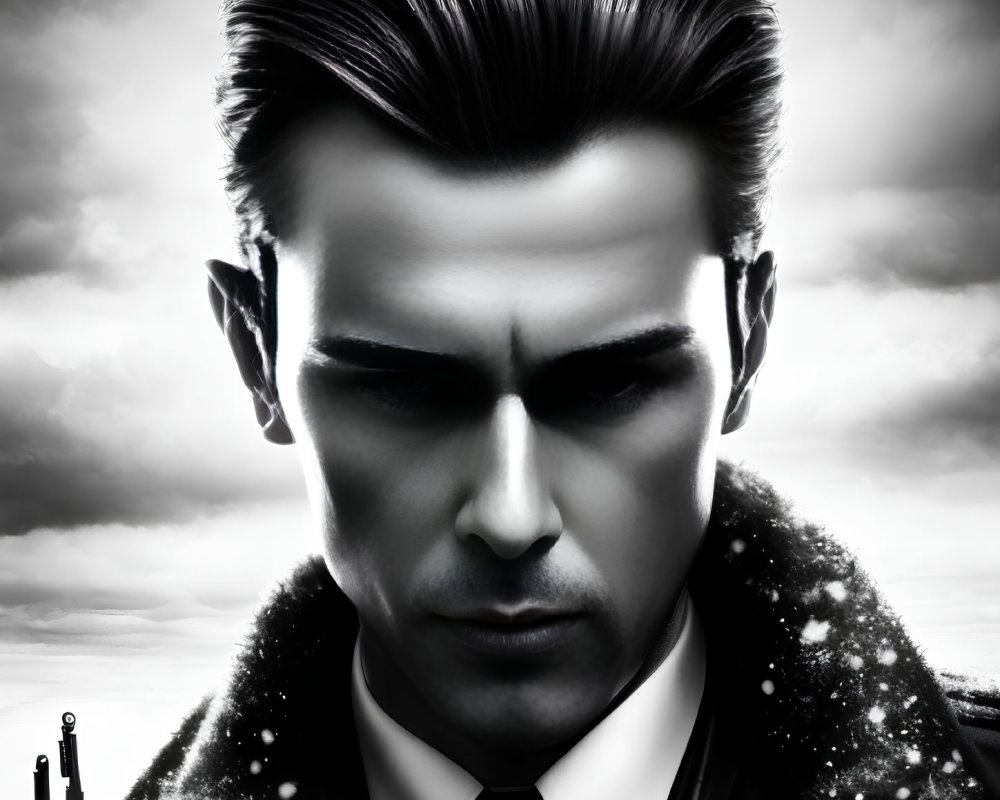 Monochrome portrait of serious man in suit with slicked-back hair against cloudy sky.