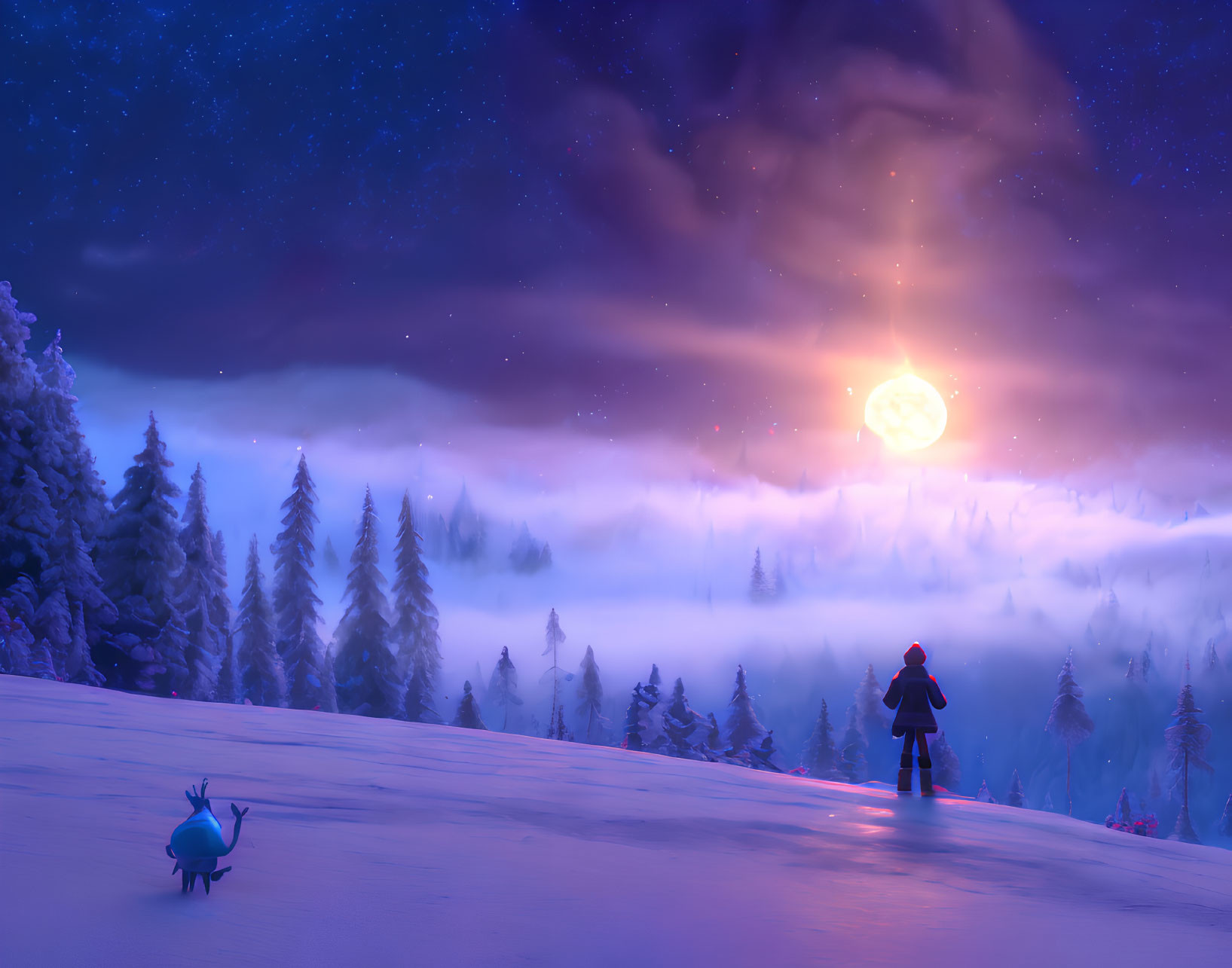 Person and creature on snowy hill under starry sky with celestial body
