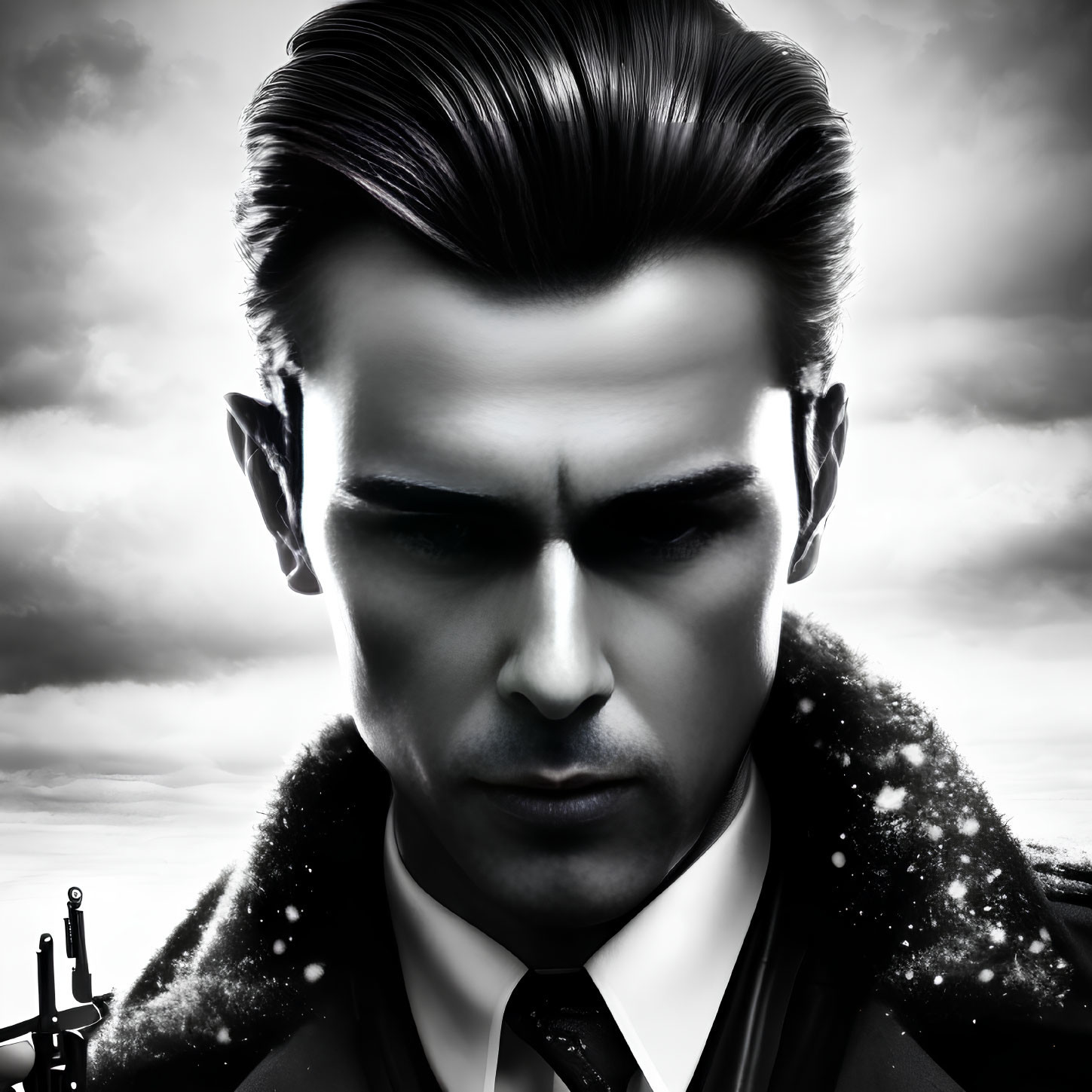 Monochrome portrait of serious man in suit with slicked-back hair against cloudy sky.