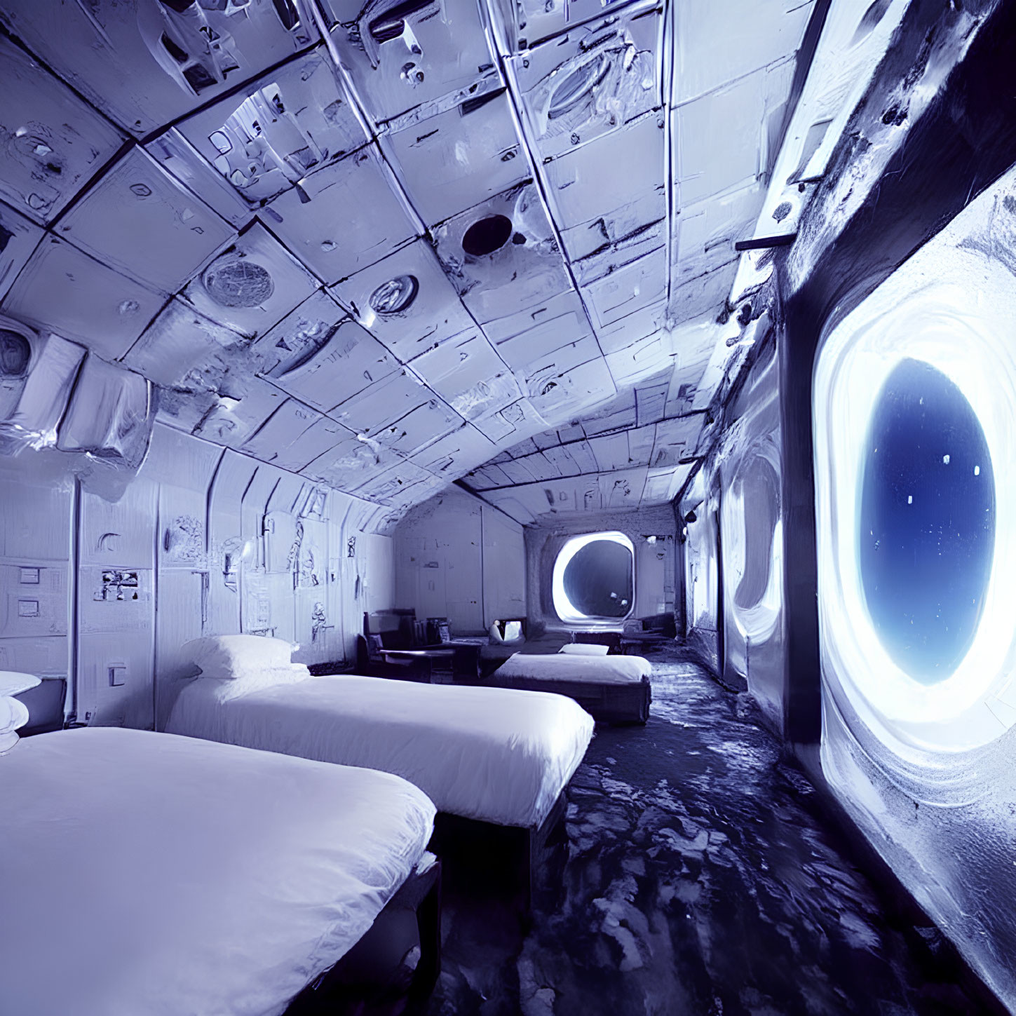 Space-themed Bedroom with Two Beds and Starry Circular Windows