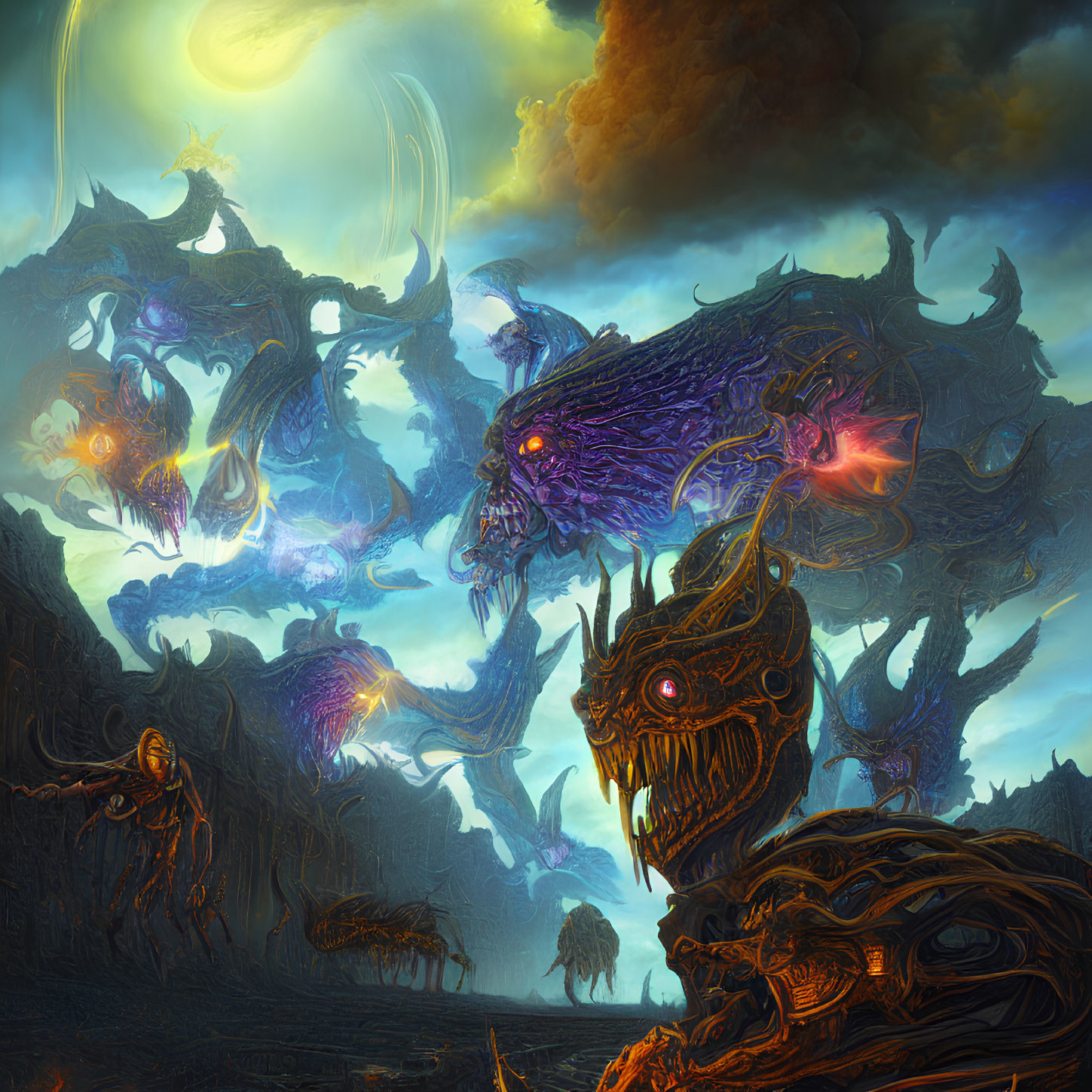 Dark Fantasy Landscape with Glowing-Eyed Monsters and Yellow Moon