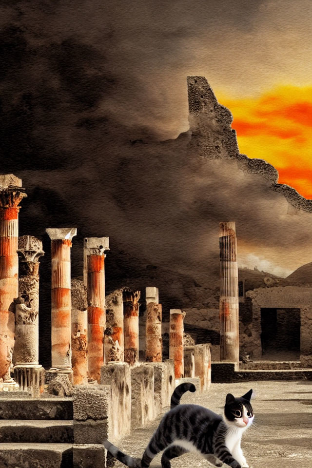 Black and White Cat Roaming Ancient Ruins Under Orange Sky