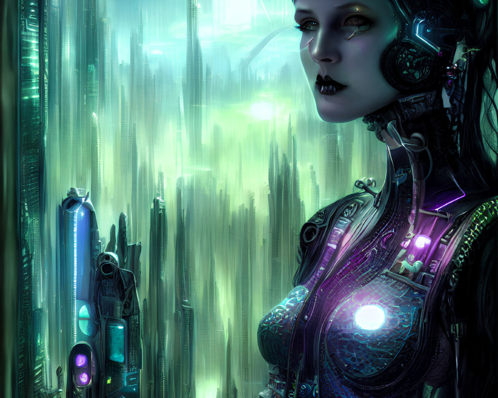 Cybernetic woman with intricate enhancements in futuristic cityscape