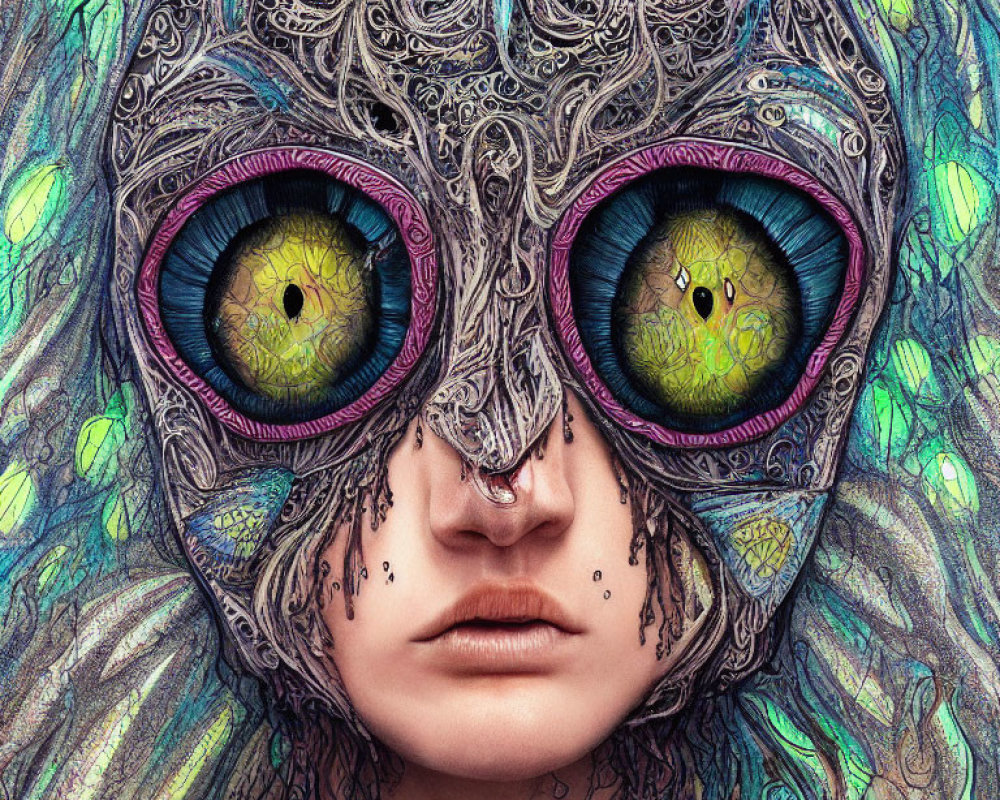 Colorful surreal portrait with oversized eyes and intricate patterns
