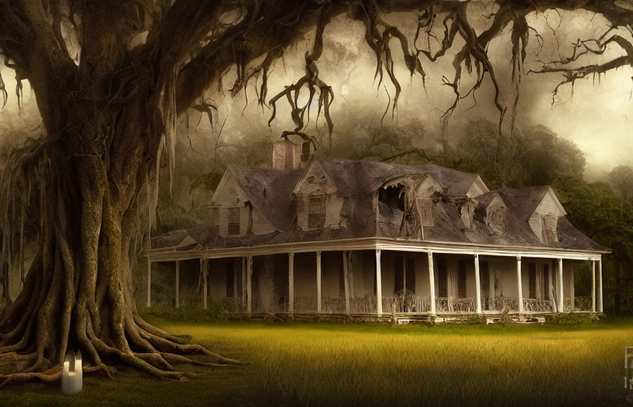 Dilapidated plantation-style house with gnarled tree in misty setting