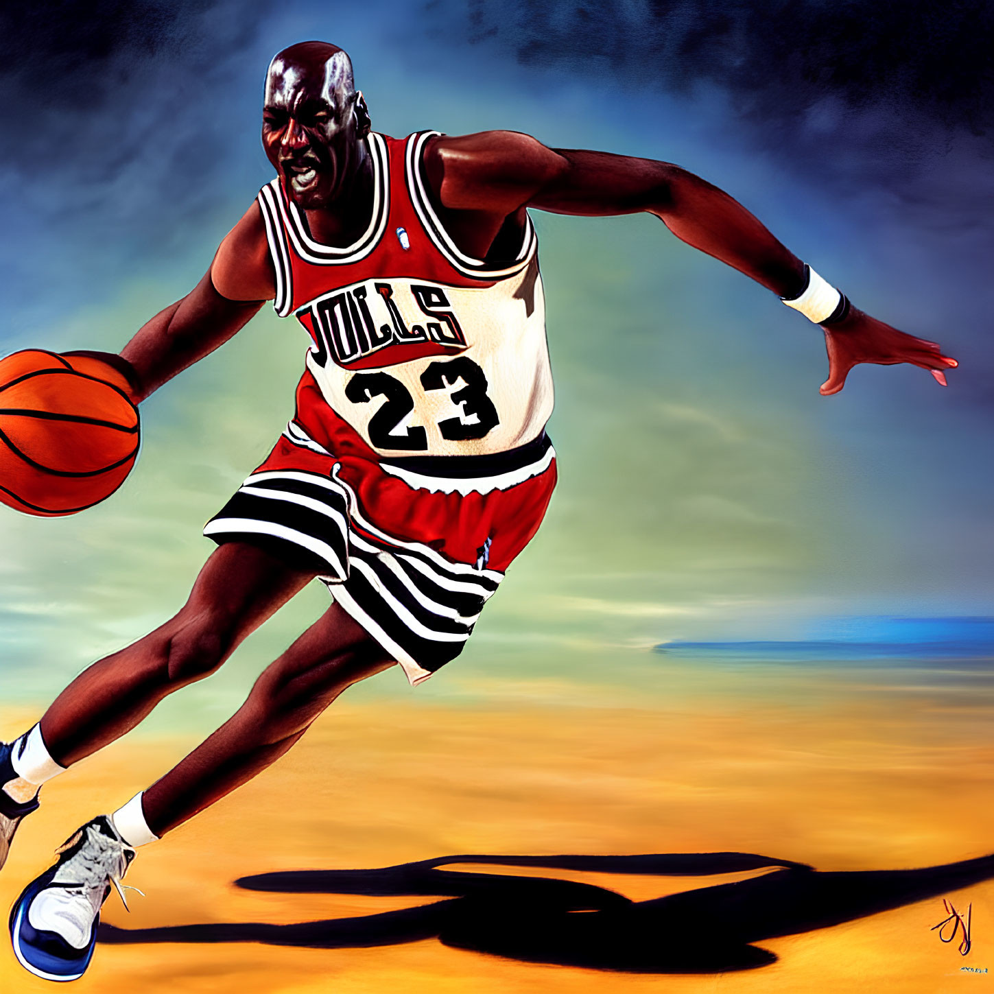 Vibrant basketball player in red Bulls #23 jersey dribbling under vivid sky