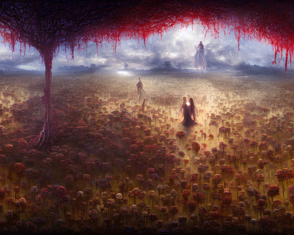 Ethereal landscape with skulls, weeping tree, and ghostly figures