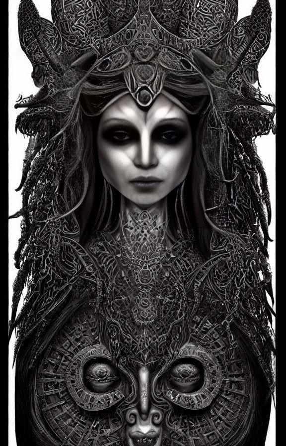 Monochrome art of woman with intricate headdress and ornate armor