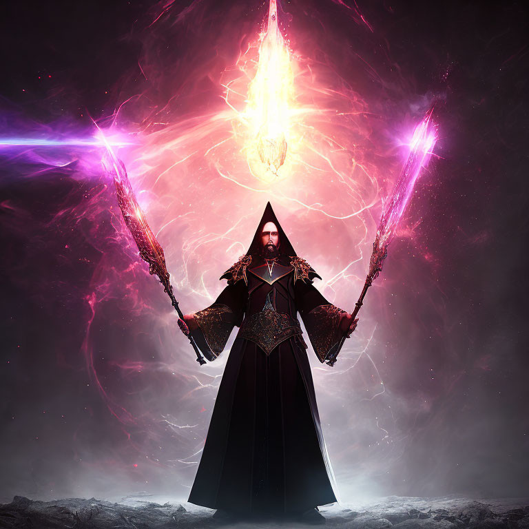 Hooded Figure with Glowing Orb and Purple Beams