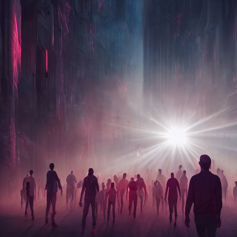 Silhouetted figures walking in futuristic city street with neon lights