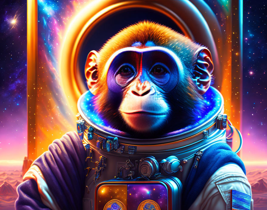 Vibrant Monkey Astronaut in Colorful Space Scene